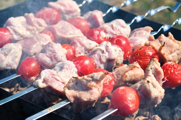 Foto brocheta a la parrilla con carne y verduras en la naturaleza