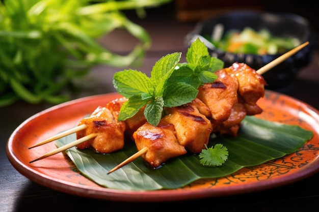 Foto una brocheta de pollo sobre un plato de hojas verdes