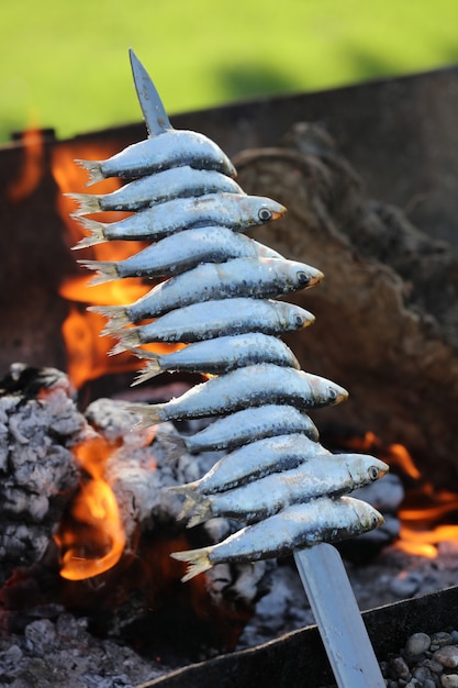 Brocheta de sardinas en troncos de olivo y fuego con la playa