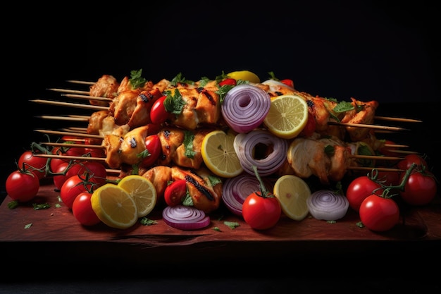 Brocheta de verduras y frutas en una tabla de madera