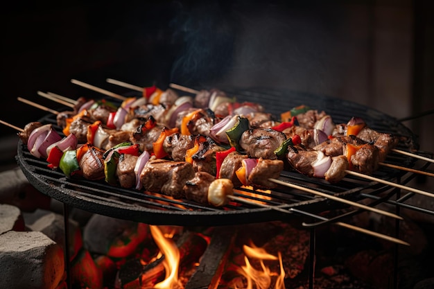 Brochetas de carne a la barbacoa con verduras a la parrilla en llamas Ai generativo