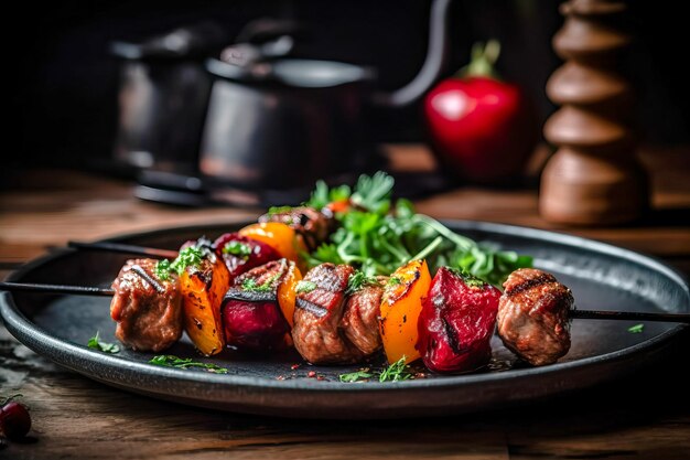 Brochetas de carne a la parrilla shish kebab con verduras en tablero de madera Buena comida Comida deliciosa