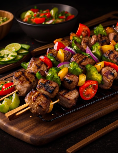 Brochetas de carne a la parrilla con verduras frescas y especias