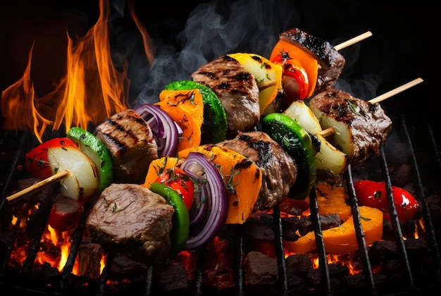 Brochetas de carne con verduras a la parrilla llameante Ai generativo