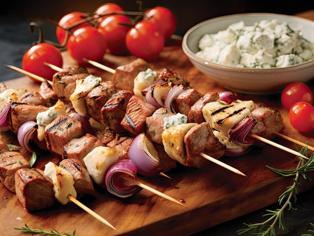 Foto brochetas de carne y verduras en una tabla de madera junto a un plato de queso y tomates