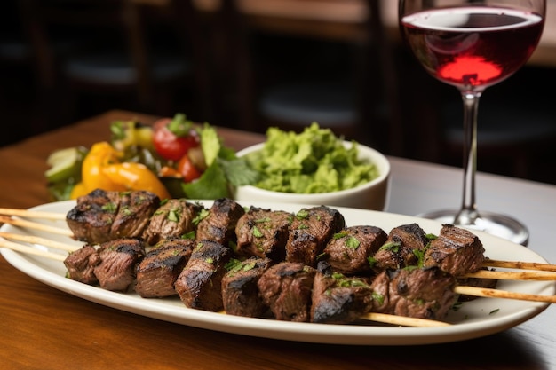 Brochetas de cordero a la parrilla en un ambiente bistró