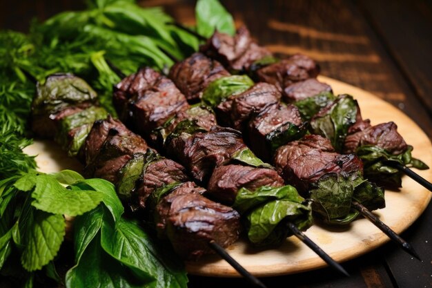 Brochetas de cordero a la parrilla en brochetas dispuestas sobre una hoja verde