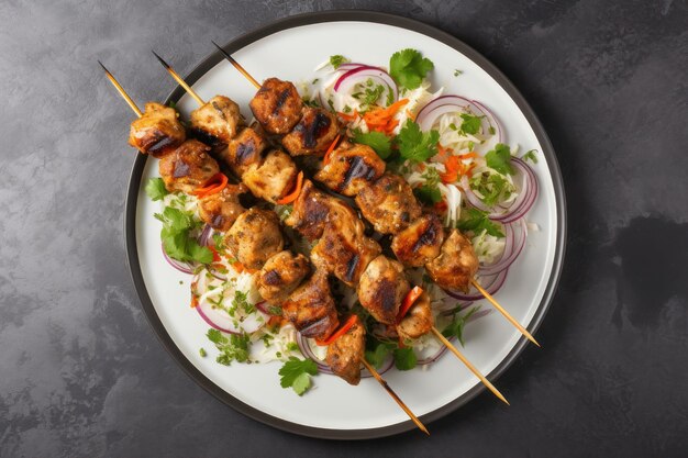 Brochetas de kebab de pollo en un plato