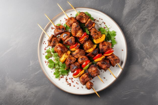 Brochetas de kebab de pollo en un plato