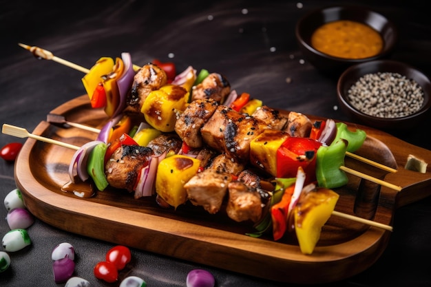 Brochetas de pollo teriyaki con una mezcla de verduras de colores en un plato de madera