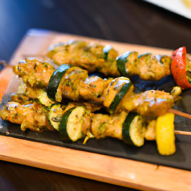 Foto brochetas de pollo yakitori y verduras