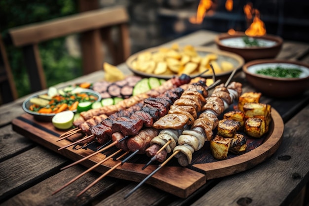 Brochetas y salchichas a la parrilla en la parrilla de madera del patio trasero