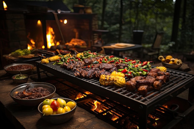 Brochetas de suculentas barbacoa de bosque amigos y hoguera generativa IA