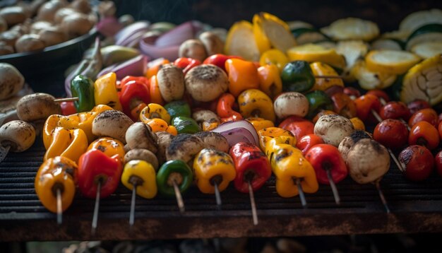 Brochetas vegetarianas a la parrilla con pimiento y cebolla generadas por IA