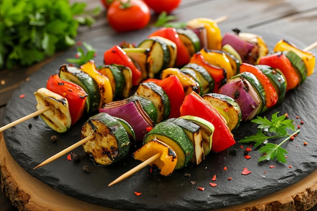 Brochetas vegetarianas de verduras mixtas listas para una comida de verano