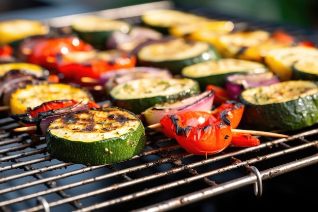 Brochetas de verduras a la parrilla sobre una rejilla para enfriar