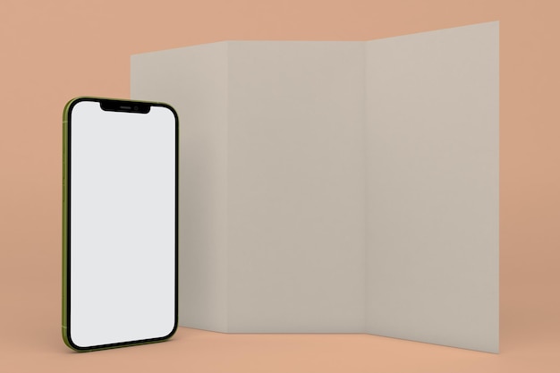 Brochura e parte frontal do telefone isolada em fundo laranja