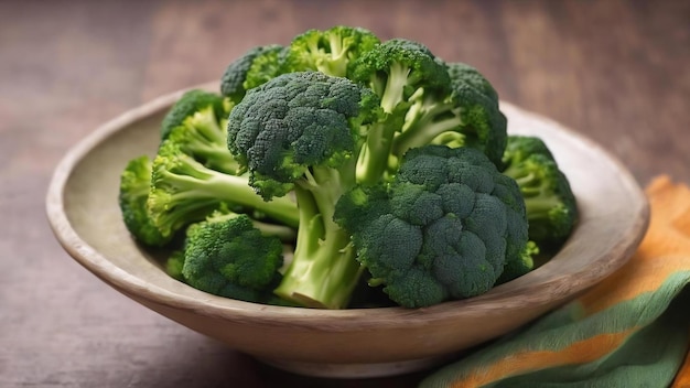 Brócoli de brócoli verde fresco en un cuenco sobre un fondo de colores de cerca de verduras frescas