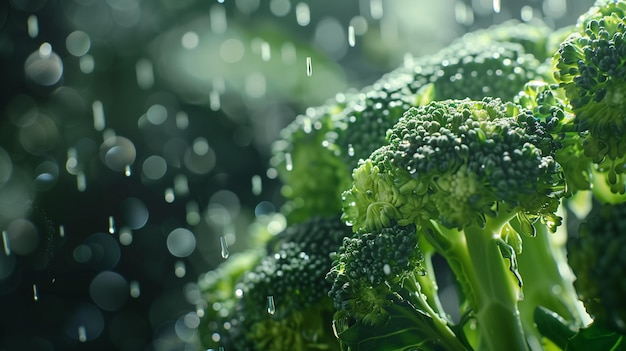 Brócoli jugoso con gotas de agua