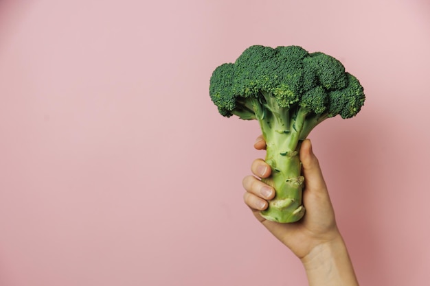 brócoli en la mano concepto vegetariano alimentos saludables