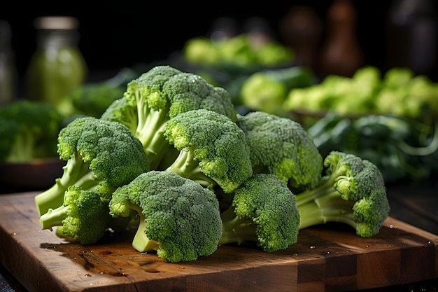 brócoli en una mesa de madera con una rebanada de brócoli concepto de comida vegana