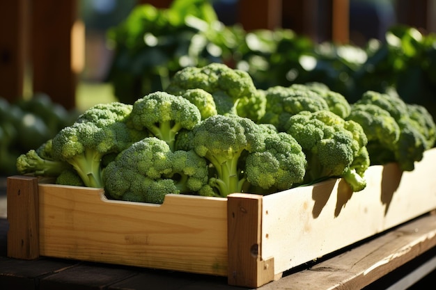 Brócoli orgánico en caja de madera IA generativa