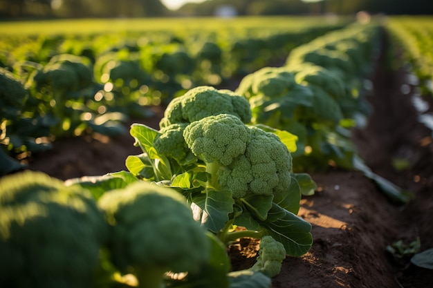 El brócoli verde fresco crece en un campo soleado