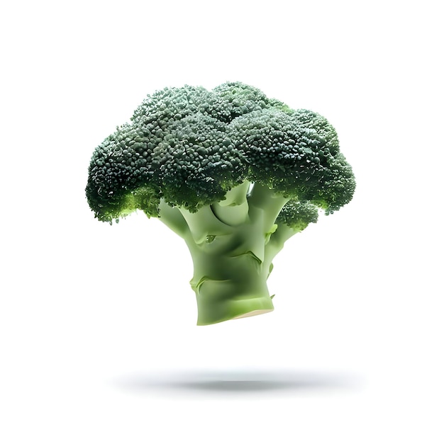 Brócoli verde levitando fondo blanco.