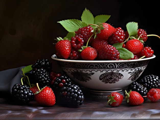 Brombeer-Himbeere und Himbeere in einer Schüssel auf dunklem Hintergrund