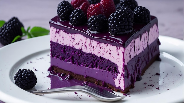 Brombeer-Sahne-Mousse-Kuchen mit Schokoladenglasur und gefrorener Brombeere darauf auf einem weißen Teller