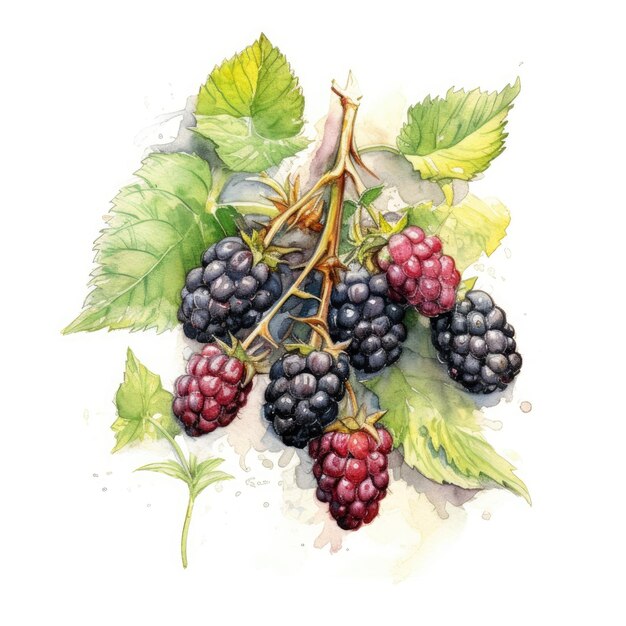 Brombeeren im Aquarellstil mit Tintenumriss auf weißem Hintergrund, generative KI