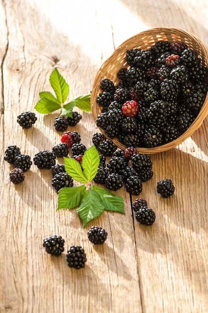 Brombeeren im Korb auf Holztisch