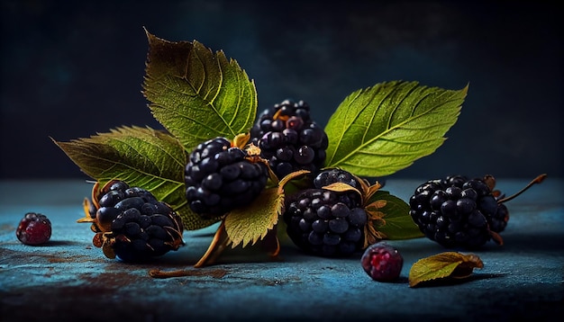 Brombeeren mit blättern und blumen auf schwarzem hintergrund mit kopierraumgenerative ai