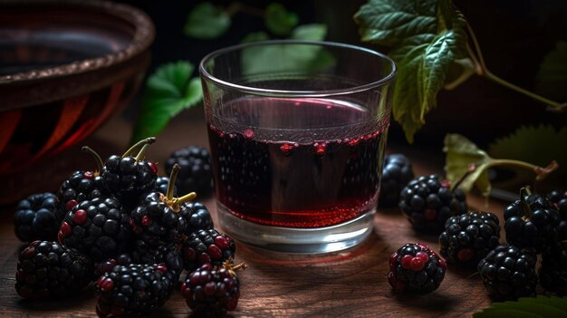 Brombeersaft in einem Glas und frische Beeren auf einem Holztischgenerative ai