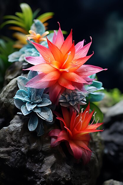 Bromelia contra una roca texturizada Paleta tropical de alto contenido Ilustración hiperrealista Arte fotográfico