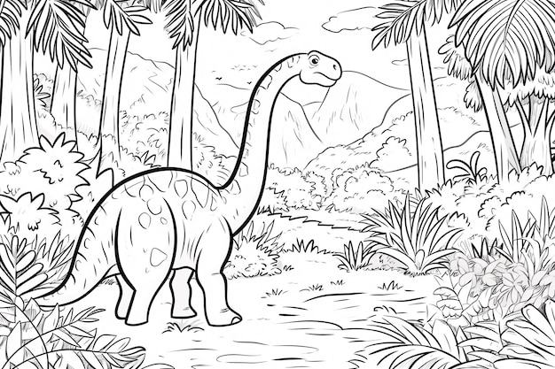 Brontosaurus Dinosaurier Schwarz-Weiß Linear Doodles Line Art Malseite Kinder Malbuch