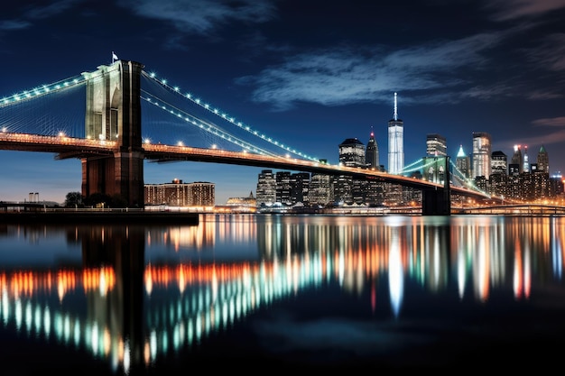 Brooklyn Bridge und Manhattan Skyline bei Nacht New York City Brooklyn Bridge Nachtbelichtung KI generiert