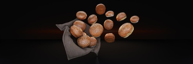 Brot im Korb isoliert 3D-Rendering