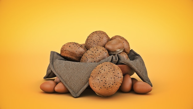 Brot im Korb isoliert 3D-Rendering