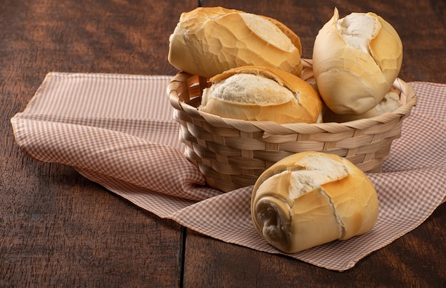 Brot in einem Korb auf karierter Tischdecke über rustikalem Holz