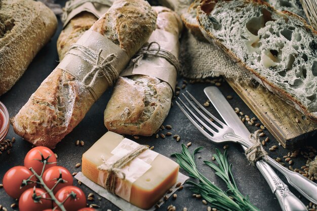 Brot mit Küchenzubehör auf dem Tisch