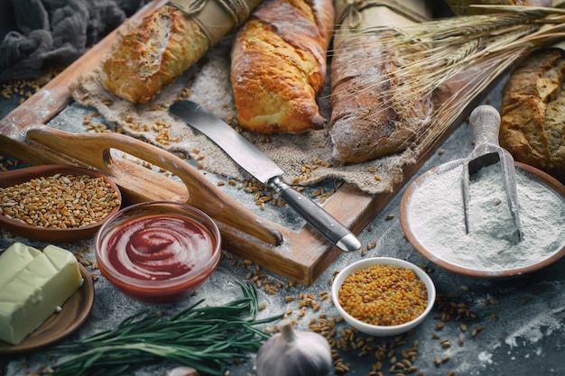 Brot mit Küchenzubehör auf dem Tisch