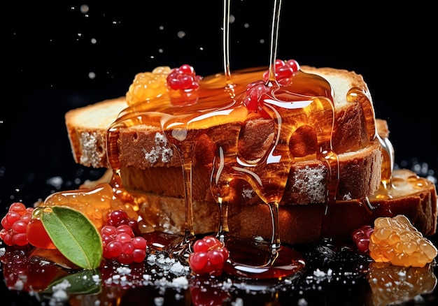 Brot- oder Toastscheiben mit verschiedenen süßen Marmeladen oder Früchten auf dunklem Hintergrund, der von der KI generiert wurde