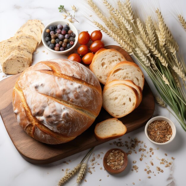 Brot und Kuchen auf einem Tablett auf dem Tisch