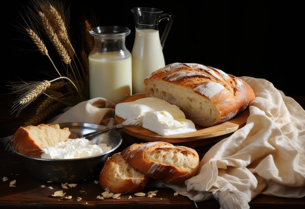 Brot_und_Milch_Produkte_mit_Weizenköpfen_Top_View