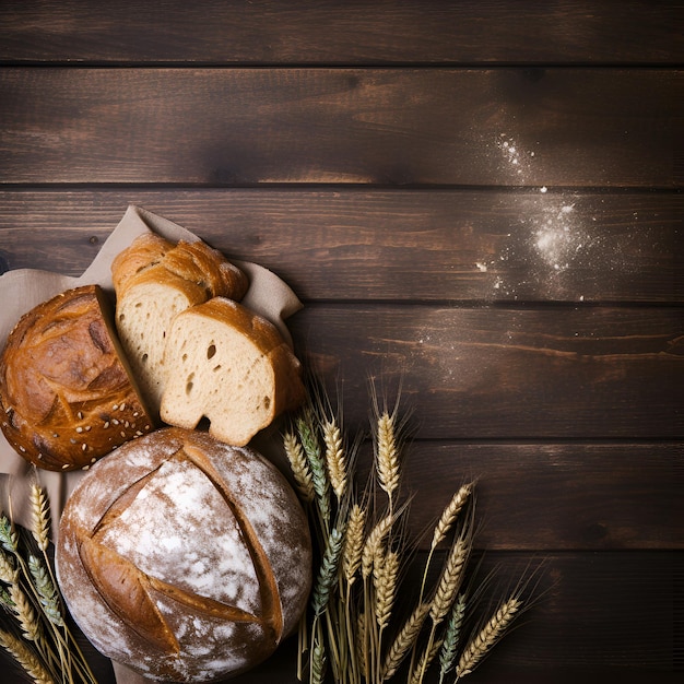 Brot und Weizen auf einem Holztisch