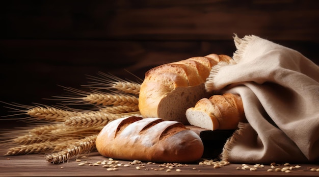 Brot und Weizenähren auf einem Tisch