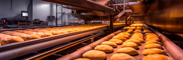 Brotbackband in der Lebensmittelindustrie, Produkte bereit für die automatische Verpackung. Konzept mit automatisierter generativer KI für die Lebensmittelproduktion