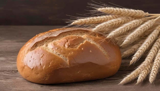 Brotbrot und Weizenkorn auf hölzernem Hintergrund