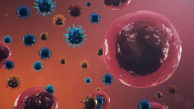 Brote de coronavirus. Patógeno que afecta el tracto respiratorio. Contagio de COVID-19. Concepto de pandemia, infección viral. Coronavirus dentro de un humano. Células humanas, el virus infecta las células. Ilustración 3D